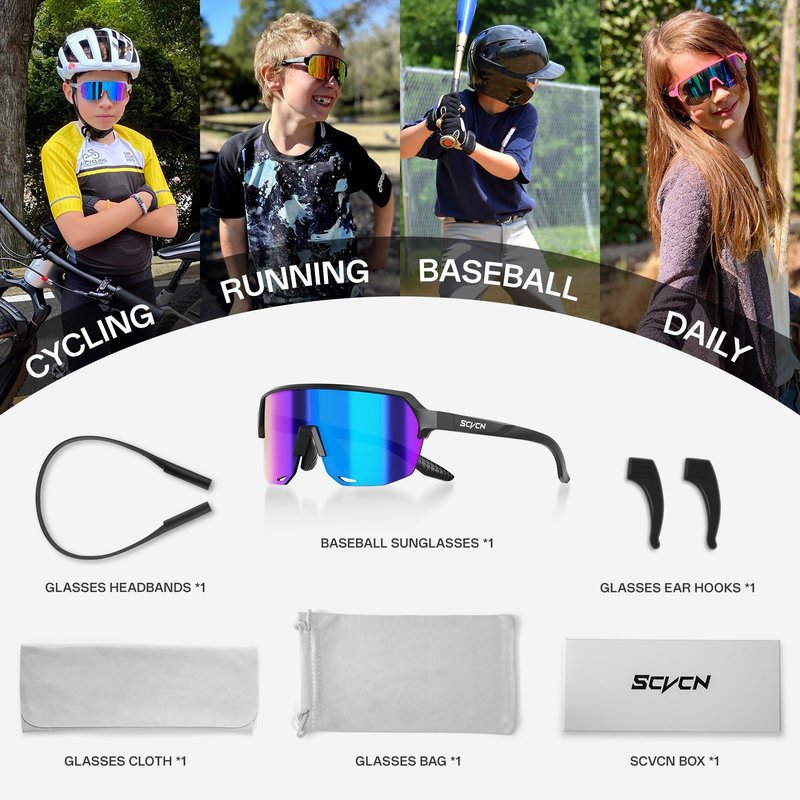 SCVCN Youth Sports Sunglasses for Boys Girls Baseball Cycling Glasses Kids,Lightweight,UV400 Protection, Ages 6–12 S9032
