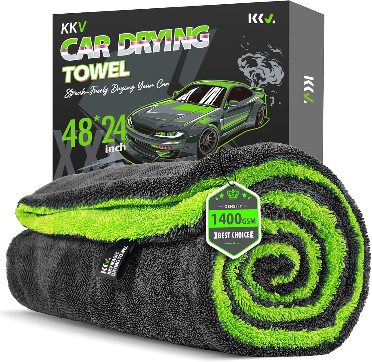KKV Full-Sized SUV Drying Towel, 48”x24” Dual Sided Microfiber Car Cleaning Towel with Twisting Yarn Technique, 1400GSM Super Absorbent, Scratch-Free, Machine Washable (Darkgray-GreenYellow)