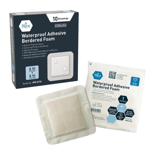 MED PRIDE Waterproof Silicone 6'' X 6'' Foam Wound Dressing (10-Count) Sterile, Adhesive Border | Home or Emergency Healing Support | Partial or Shallow Drainage Coverage