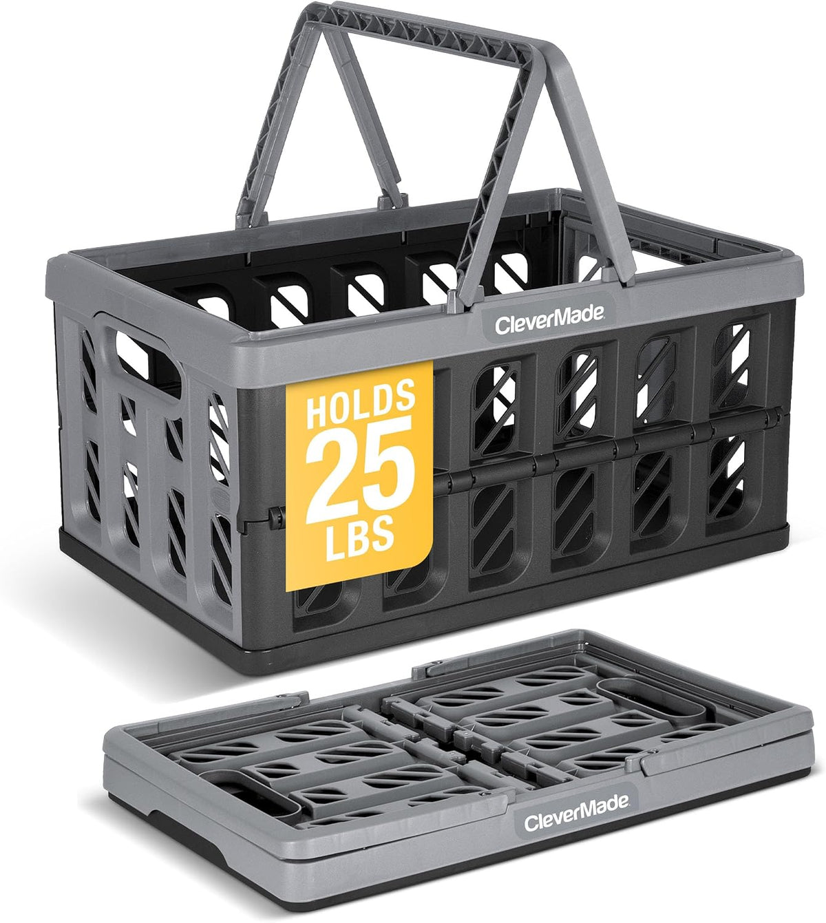 CleverMade Collapsible Shopping Basket with Handles – 24L Collapsible Grocery Tote, Plastic Storage Baskets Fold Flat, Stackable Collapsible Storage Bins for Car & Home - Stone