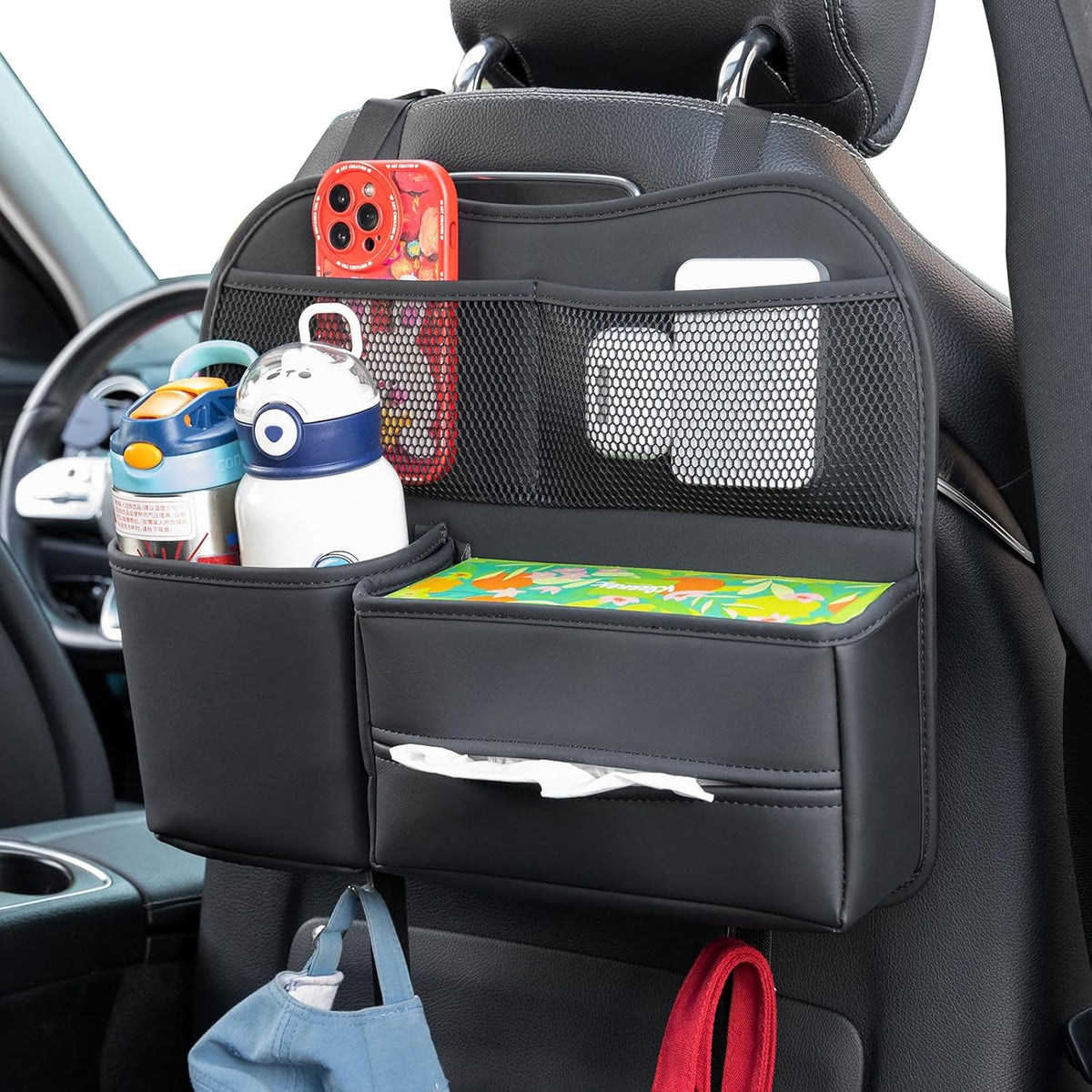 PU Leather Premium Car Headrest Back Seat Cup Holder, Multifunctional Seat Back Organizer with Tissue Holder Storage Pockets & Hooks (Black)