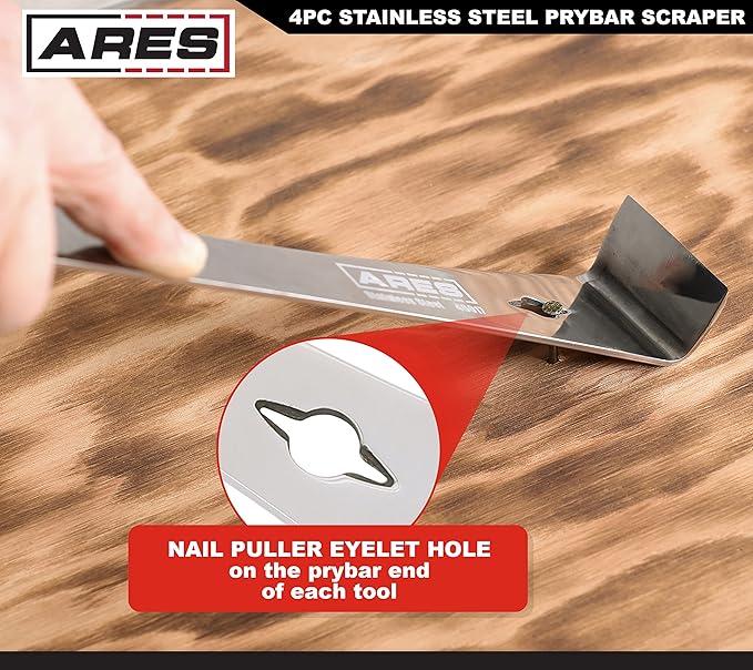 ARES 46020-4-Piece Stainless Steel Prybar Scraper Set - Ultra Sharp Scrapers Remove Residue from Steel, Aluminum, and More - Prybar Ends Offer Extra Leverage - Built-In Nail Puller and Bottle Opener