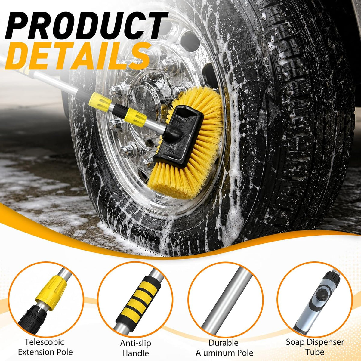 SISUPASSIE 12FT Car Wash Brush with Long Handle, Telescopic Car Wash Brush with Soap Dispenser, 12-Inch Soft Bristle Car Cleaning Brush for Cleaning Car, RV, Truck, Boat, Solar Panels, Yellow