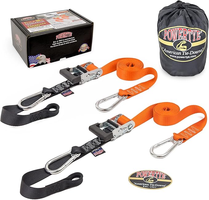 PowerTye 1.5 inch x 10ft Extra Long Ratchet Tie Down Straps, Heavy Duty with Carabiner Hooks, Soft-Tye & Bag, for Motorcycle, ATV & Cargo - 1,000 lb WLL - Made in USA - Orange/Black Pair