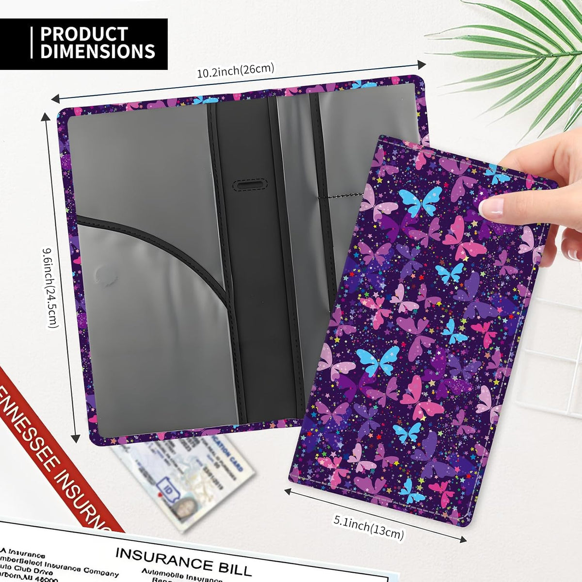 Leather Car Registration and Insurance Card Holder, Cute Car Accessories Vehicle Glove Box Car Organizer for Documents, Cards, License Cute Purple Butterfly