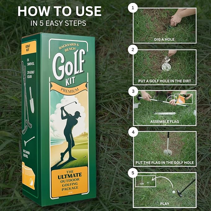 Golf & Mini Golf Complete Setup, 3X Pin Flags & Putting Green Hole Cups, 2X Adjustable Putters, Digger, Hole Cutter & More, for Grass Backyard, Beach, Driving Range Gift Set
