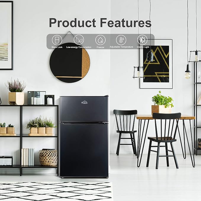 Walsh Compact Refrigerator, Dual Door Mini Fridge, Energy Efficient, Adjustable Mechanical Thermostat with Freezer, Reversible Doors with Leveling Front Legs, 3.1 Cu Ft, Black