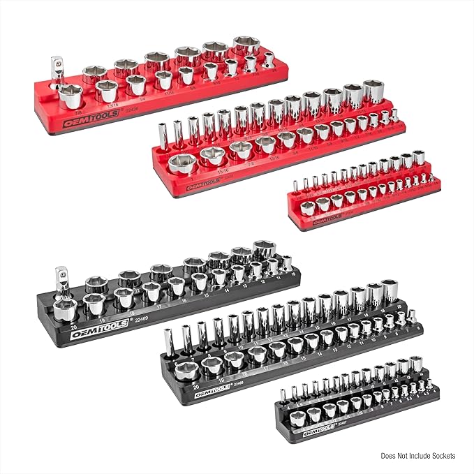OEMTOOLS 22460 6 Pack Set Metric and SAE Magnetic Socket Tray Set, Red and Black Socket Organizers, 1/4, 3/8, 1/2 Inch Drive Socket Organizer Tray Set