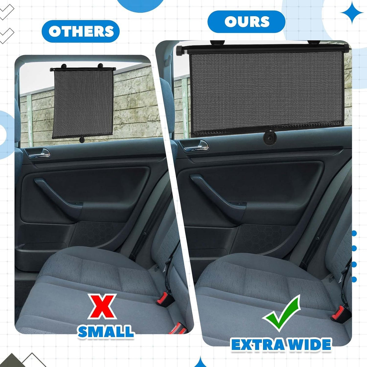 Blosssound 2 Pack Car Side Window Sun Shades Extra Wide Retractable Window Shades for Car Blocks Heat Roller Sunshade Visor for UV Rays Glare Protection Accessories(Black,22 × 24 Inch)