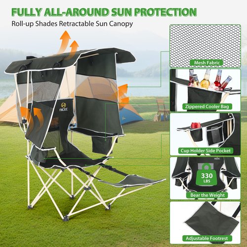 Nice C Chair with Canopy, Umbrella Chairs, Chair with Shades, Sports Chairs, w/Removable Footrest, Cooler Bag, Cup Holder for Camping, Fishing, Sports, Soccer, Beach (1-P Green)