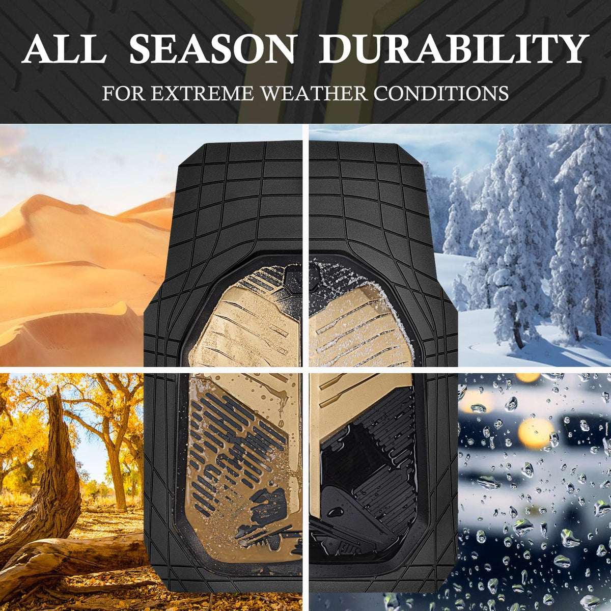 CAR PASS Heavy Duty Rubber Car Mats, Deep Dish Car Floor Mats All Weather, Car Mats Full Set 4-Piece Trim to Fit for Sedans SUVs Trucks, Waterproof Anti-Slip Automotive Mats, V12 Black Champagne Gold