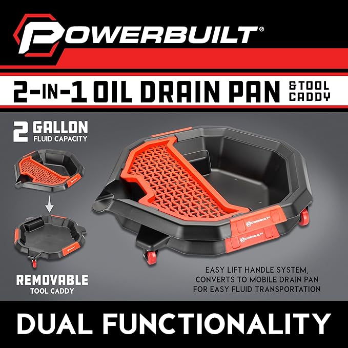Powerbuilt 2-in-1 2 Gallon Oil Drain Caddy, Tool Creeper, Drain Pain - Red Black 642964ECE
