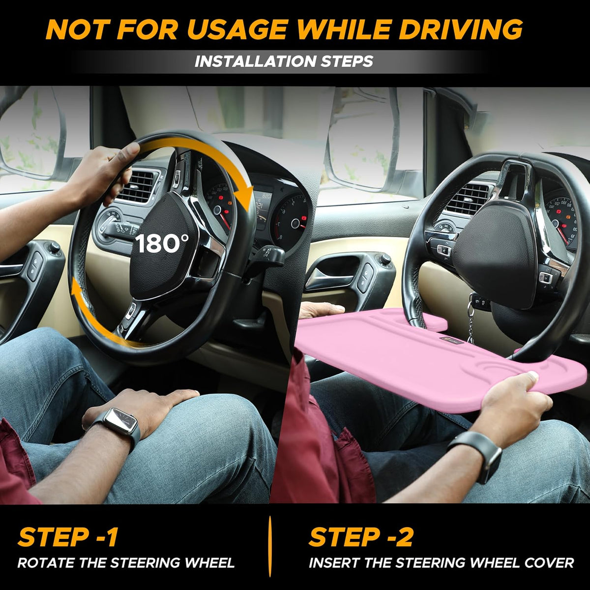 EcoNour 2 in 1 Car Steering Wheel Tray (Pink) | Car Tray for Laptop