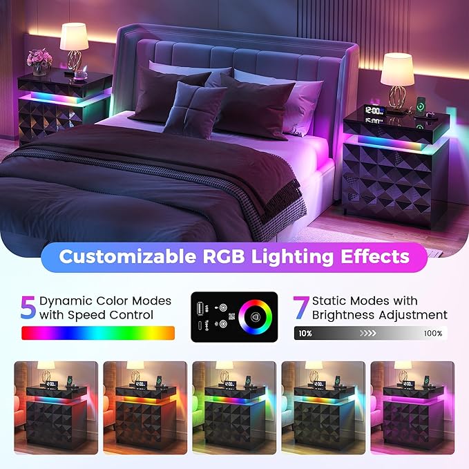 LED Nightstand with Charging Station,3 Drawers Night Stand with Lockable Hidden Storage,Smart Bedside Table with Human Sensor RGB Lights for Bedroom,Black