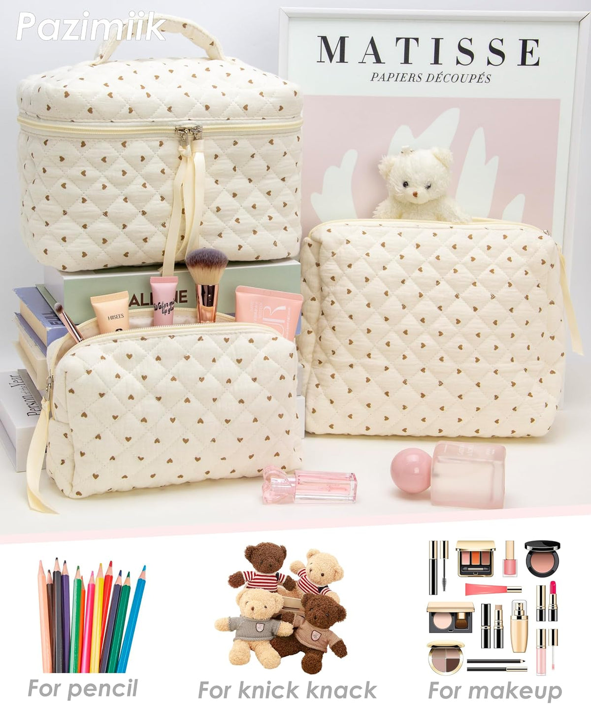 3 Piece Quilted Makeup Bag Set for Women,Cosmetic&Toiletry Bag,Gauze Heart