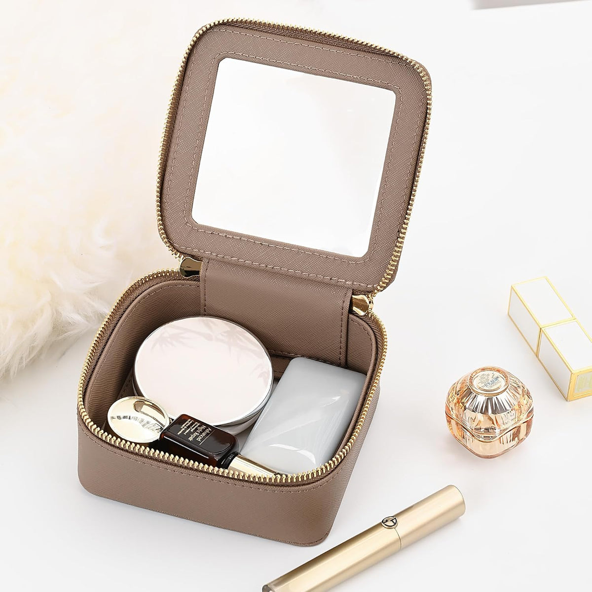 Aveniee Mini Clear Makeup Bag, Small Travel Toiletry Bag Cosmetic Bags TSA Approved, Clear Makeup Case Pouch with Zipper, Car Organizer Essentials for Women Men,Taupe