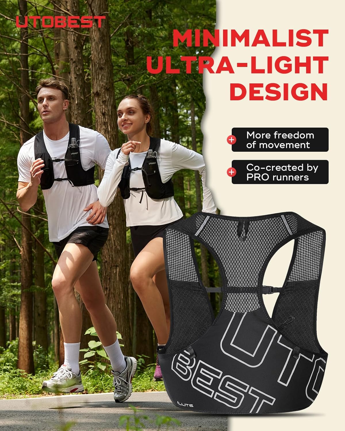 UTOBEST Ultra-Light Running Vest | Breathable Hydration Gear for Men & Women - Perfect for Trail Hiking & Jogging