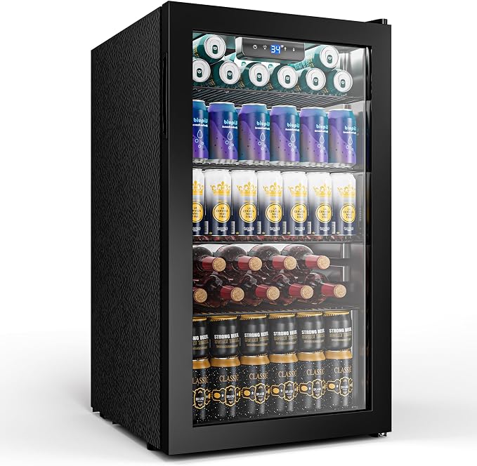 3.2 Cuft Beverage Fridge, 130 Can Mini Fridge With Glass Door, Black | Adjustable Shelves for Wine & Beer, Digital Temp Display, Freestanding for Home & Office, Quiet Compressor Cooling