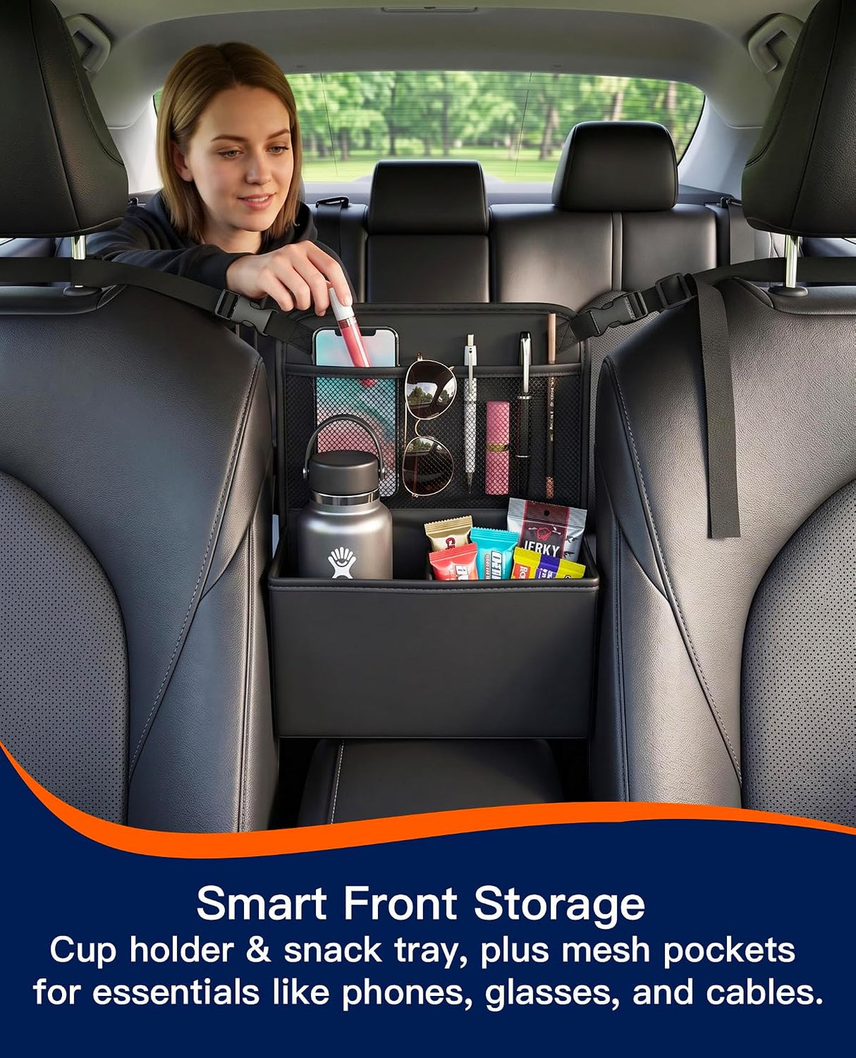 Divided Car Purse Holder - PU Leather Between Seats Storage Bag | Backseat Tissue Box Cover & Tablet Pocket, Front Handbag Organizer for Small Wallet & Water Bottle, Hanging Car Accessories