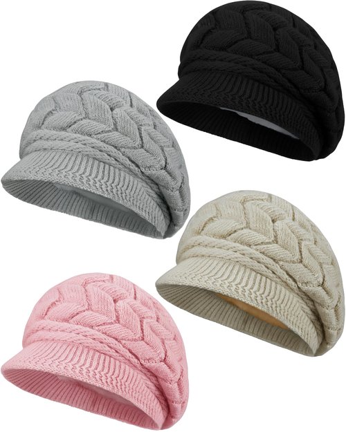 Newcotte Winter Hat for Women Knitted Caps with Visor 2026 Warm Hats for Women Beanies for Winter Cold Weather(Pink, Black, Gray, Light Khaki,4 Pcs)
