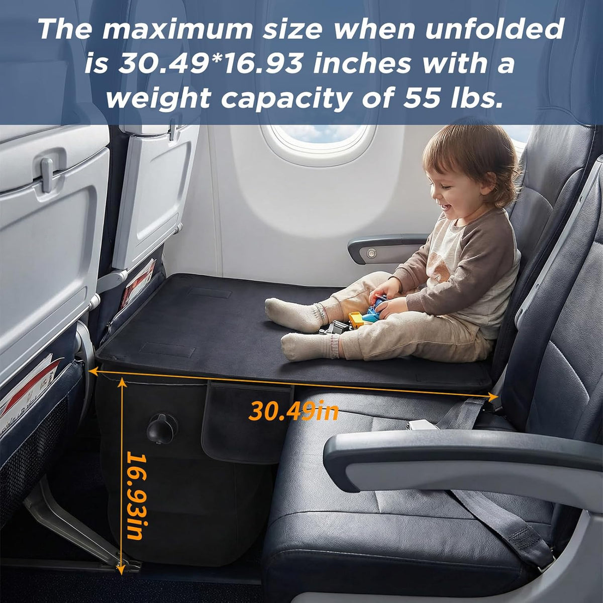 Toddler Airplane Bed | Kids Airplane seat Extender | Easy to Install for ariplane, Train, Cars | Kids Airplane Travel Essentials | Foot Rest Cushion (with Foot Pads)