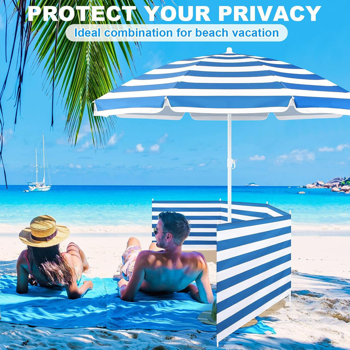 Sliner 20ft Long Beach Wind Screen - Portable UV 50+ Umbrella Privacy Blocker | Blue & White