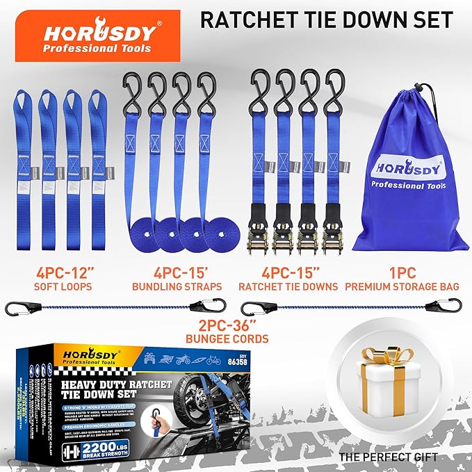 Ratchet Straps Heavy Duty, Tie Down Straps Ratchet Set, 2200 LB Break Strength, Safety Lock S Hooks, Best for Moving, Securing Cargo, Kayaks, Mountain (4 Pack)