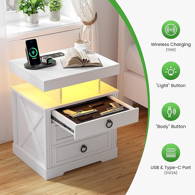 HNEBC Night Stand with Gun Drawers, Farmhouse Nightstand with Charging Station, Secret Bedside tabel with 3 Color Auto Light, Smart End Table with Hidden Storage for Bedroom Furniture-White