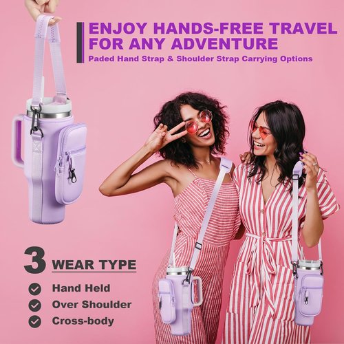 BULKITEM Water Bottle Carrier Bag - Insulated Neoprene Holder with Phone Pocket for Stanley 40 & 30 oz Tumbler - Pink