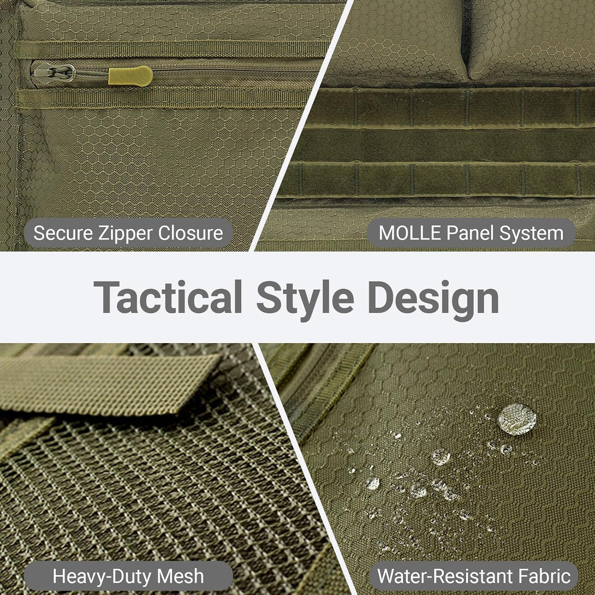 Tactical Car Seat Organizer with Multiple Pockets, MOLLE Panel System & Mesh Compartments, Durable Nylon Universal Vehicle Seat Back Storage with Cup Holder, Water-Resistant (Army Green)