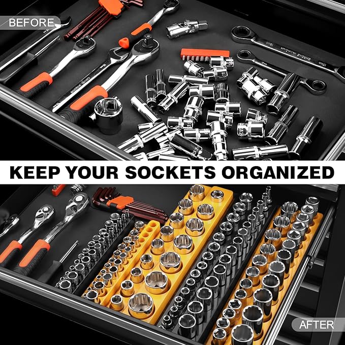 Socket Organizer for Tool Box Drawer, 6pc 143 Metric & SAE Magnetic Socket Holder, 1/4", 3/8", 1/2" Drive Socket Tray Set, Magnetic Socket Organizer