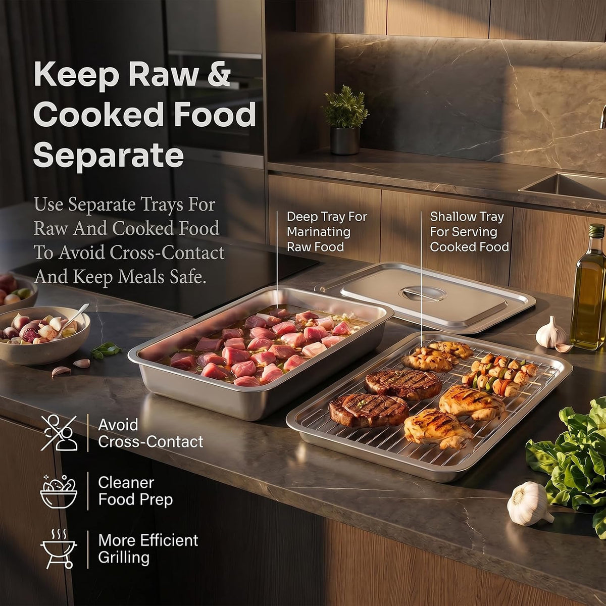 Grilling Prep and Serve Tray Set with Lids, Set of 5 Food Prep System, Includes Stackable Stainless Steel BBQ Trays, Deep Marinating Container and Raised Racks for Marinating, Carrying & Serving