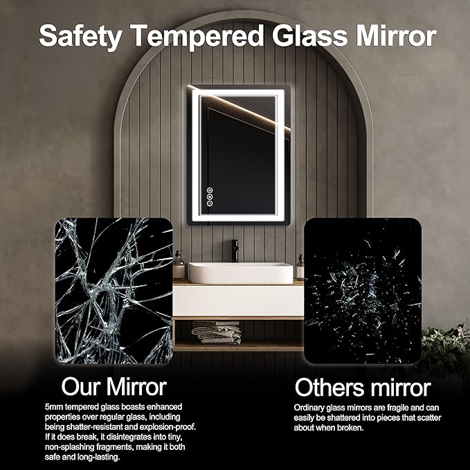 20"x 28" LED Bathroom Mirror with Front and Backlight, Bathroom Vanity Mirror with 3 Color Adjustable, Stepless Dimmable Light, Anti-Fog, Memory Function, Vanity Mirror for Wall(Horizontal/Vertical).
