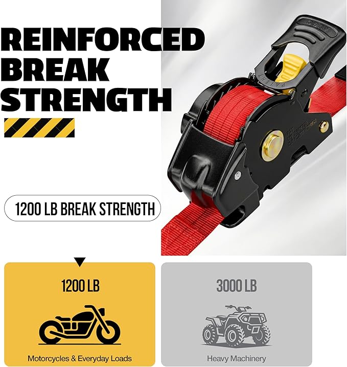 AUGO Retractable Ratchet Straps | 2 Heavy Duty Ratchet Straps Self Retractable Tie Downs with Soft Loops & Storage Bag for Motorcycle, Truck, Trailer, Cargo Van | 1200 Lb Break Strength 1” x 10’
