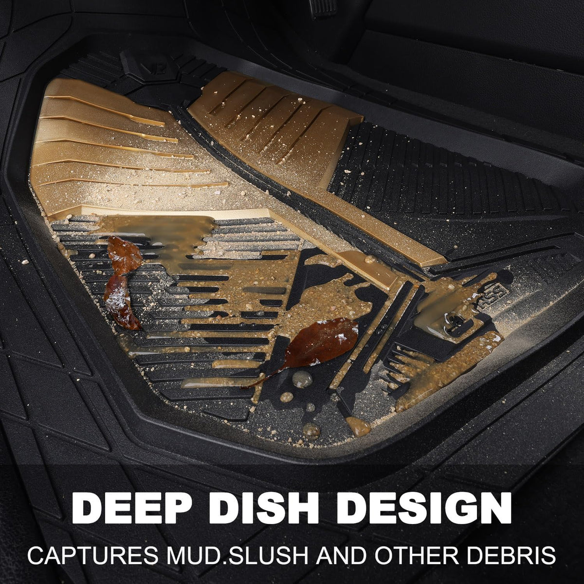 CAR PASS Heavy Duty Rubber Car Mats, Deep Dish Car Floor Mats All Weather, Car Mats Full Set 4-Piece Trim to Fit for Sedans SUVs Trucks, Waterproof Anti-Slip Automotive Mats, V12 Black Champagne Gold