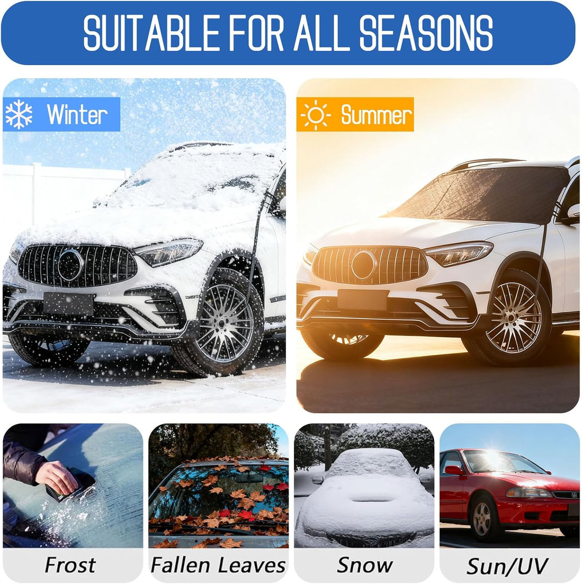 KALINCO Windshield Cover for Ice and Snow, 600D Oxford Fabric Car Windshield Snow Cover, Anti-Frost Waterproof Winter Windshield Covers, Fits Most Cars SUVs Trucks Sedans