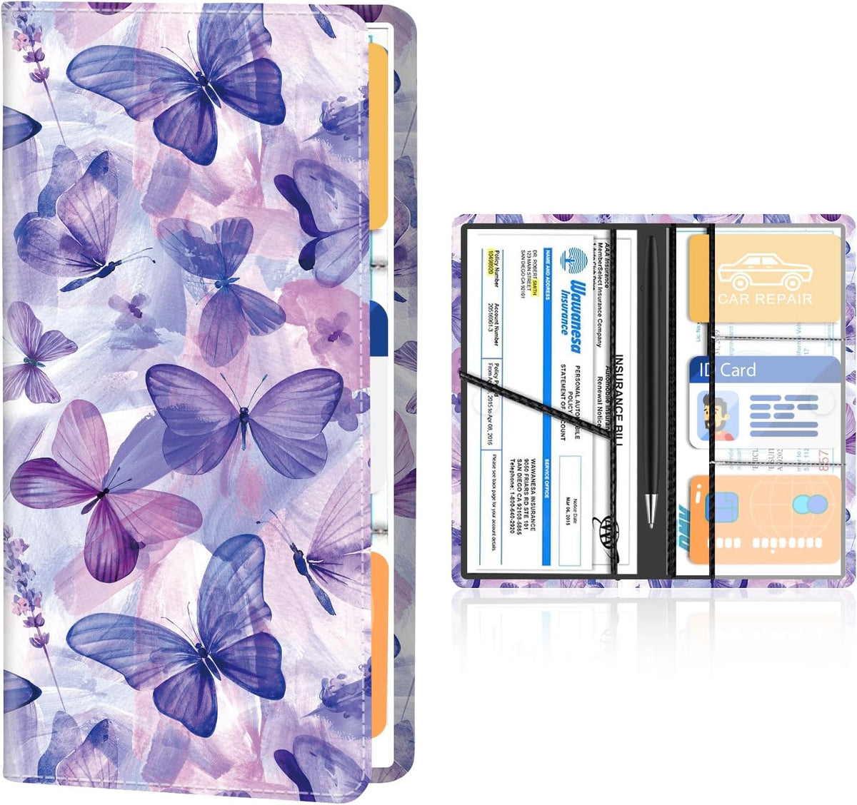 Premium Leather Car Registration and Insurance Card Holder with Magnetic Shut, Cute Vehicle License Document Glove Box Compartment Organizer Cool Car Accessories Blue Purple Butterfly