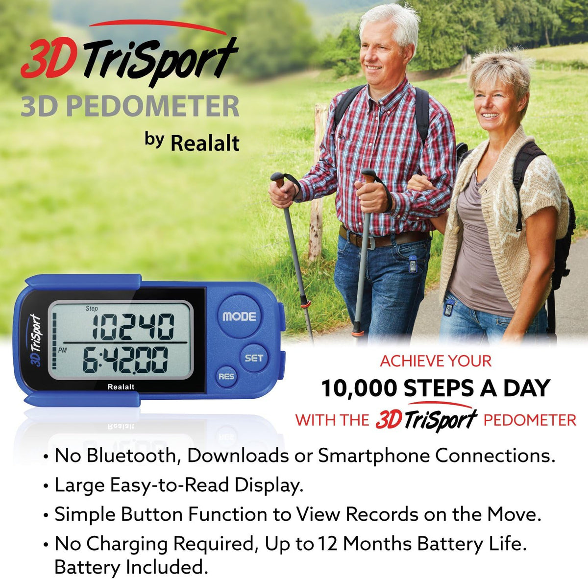 Realalt 3DTriSport 3D Walking Pedometer - Accurate Step Counter with 30-Day Memory & Large Display for Seniors