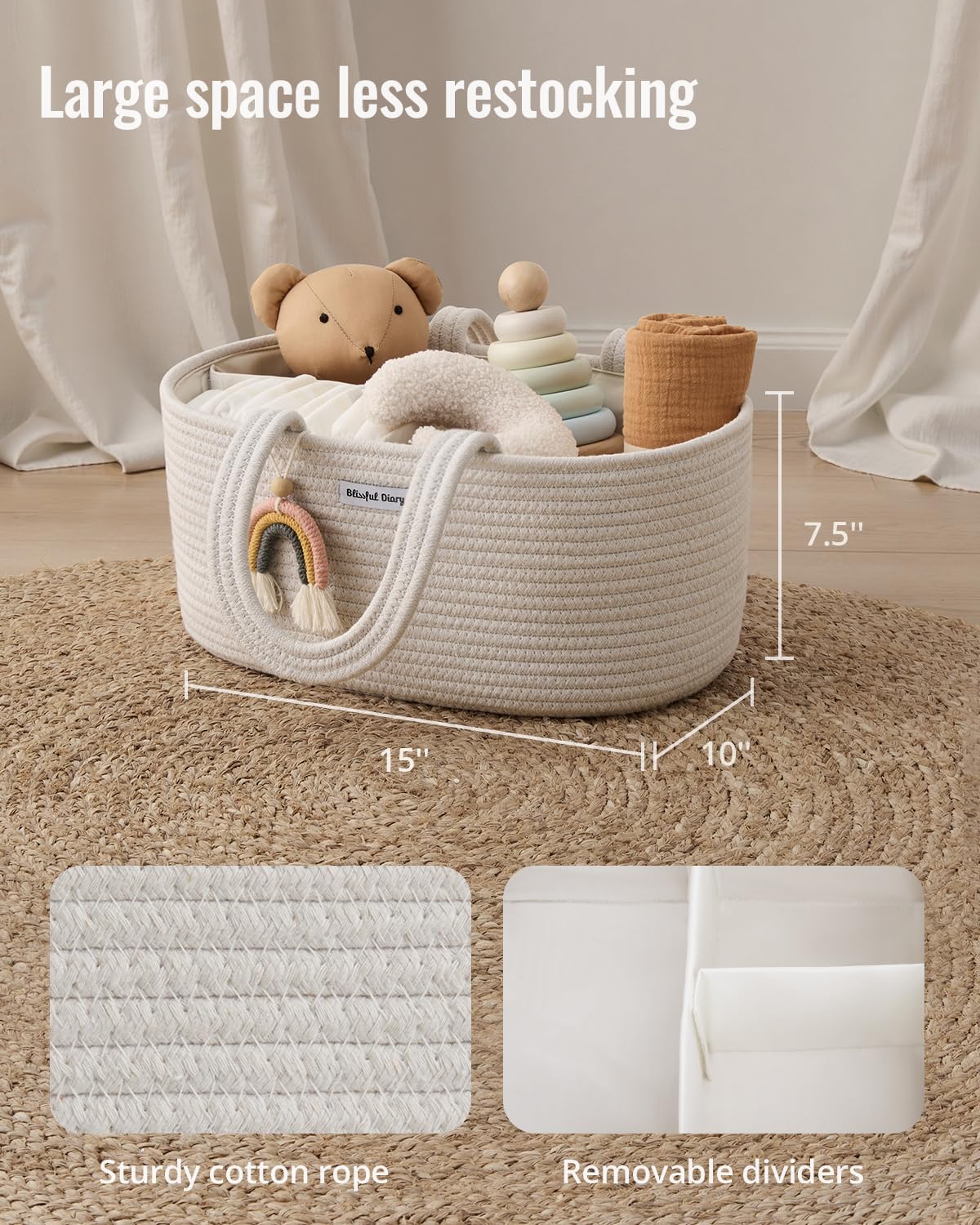 Blissful Diary Baby Diaper Caddy Organizer, Cotton Rope Diaper Caddy Basket, Oval Storage Basket, Gift for Baby Shower, Newborn Essentials, Beige