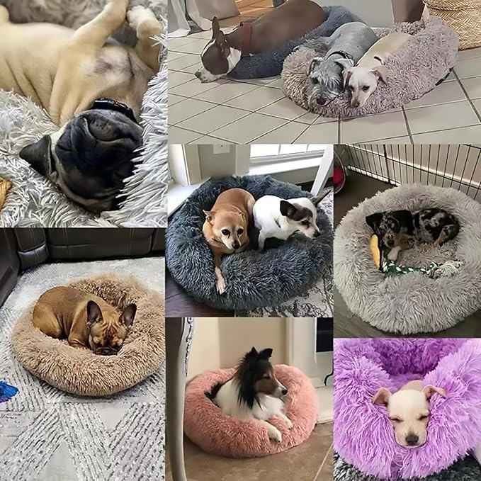Calming Dog Bed for Small Dogs, Calming Donut Cuddler Pet Bed Anti Anxiety Round Dog Bed Fluffy Plush Faux Fur Cat Bed,Blue+White,15.7IN