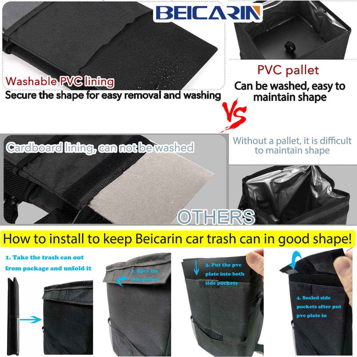Car Trash Can with Lid - Trash Bag Hanging with Storage Pockets Leak-Proof SUV Organizer Collapsible and Portable Waterproof Truck Garbage Bin, 2.6 Gal Large Capacity Multipurpose Trash Bin for Van