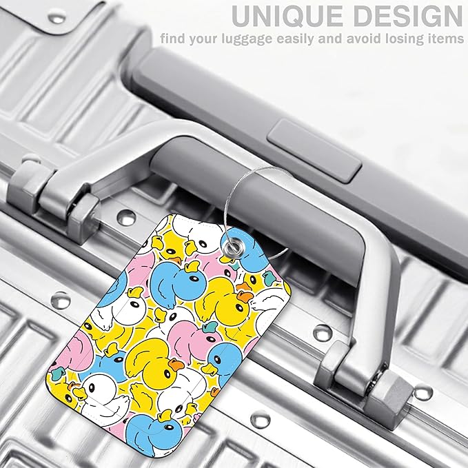 2 Pcs Cute Duck Luggage Tags for Suitcases PU Leather Baggage Tags Name ID Label with Privacy Cover and Stainless Steel Loop for Men Women Travel Bag Suitcase