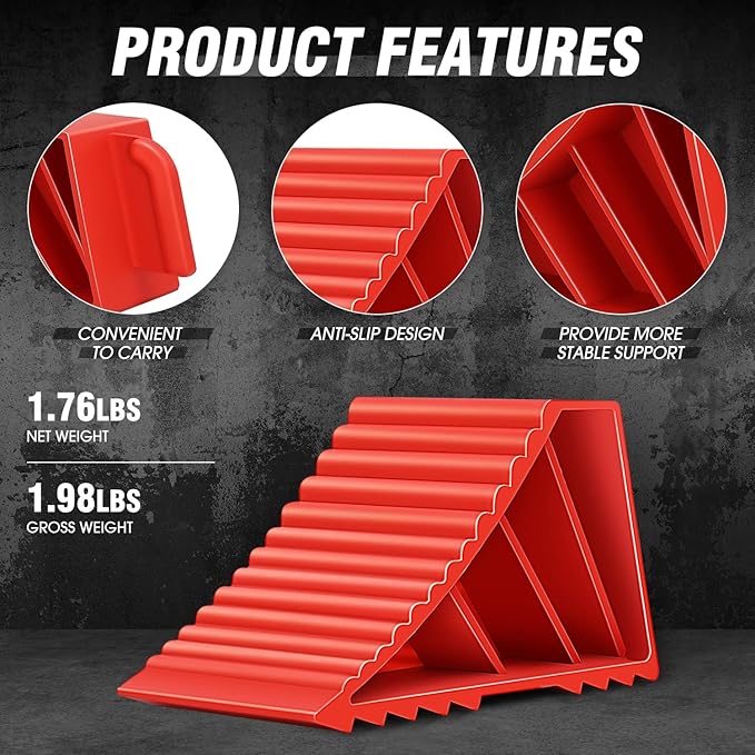 DNA MOTORING 2pcs Wheel Chocks Tire Chocks, Trailer Wheel Chocks RV Wheel Chocks for RV Trailer, Keeps Trailer in-Place, with Handle, Red, 2-Pack, TOOLS-00698