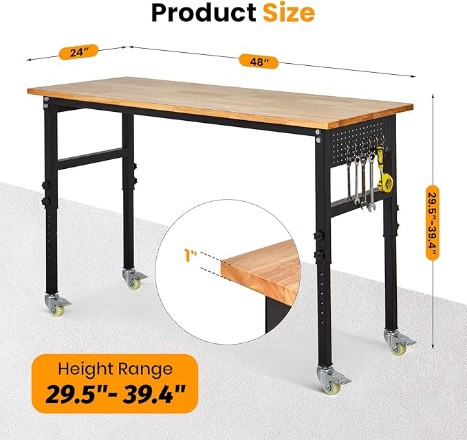 48" x 24" Heavy Duty Adjustable Workbench with Casters & Thickened Legs, 8-Level Height Adjustment, with Scale, Pegboard and Hooks, Rubberwood Worktable for Garage or Work