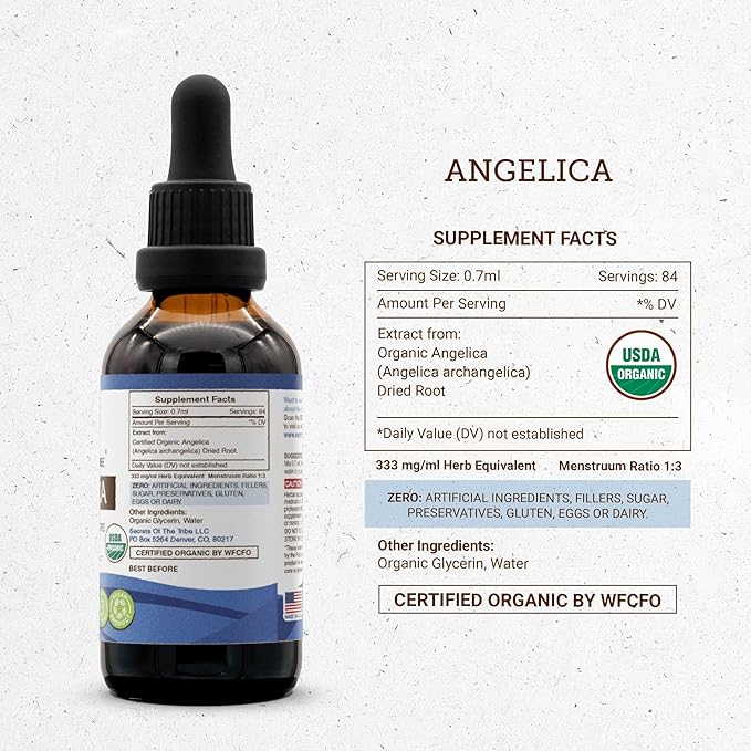 Secrets of the Tribe Angelica USDA Organic | Alcohol-Free Extract, High-Potency Herbal Drops | Made from 100% Certified Organic Angelica (Angelica archangelica) Dried Root (2 oz)