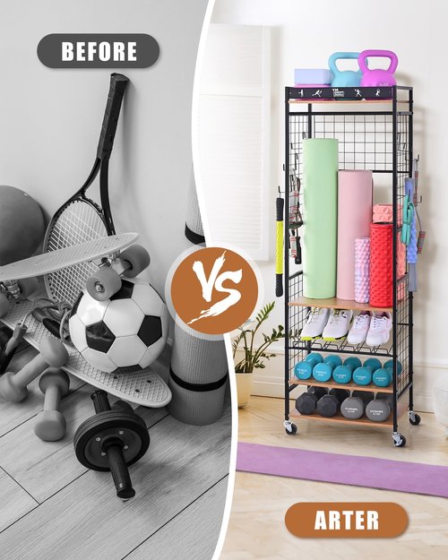 Mythinglogic Yoga Mat Storage Rack, Workout Equipment Organizer for Home Gym, Weight Rack for Dumbbells Kettlebells and Strength Training Equipment