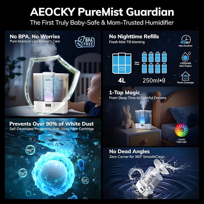 Geek-Level Aeocky Humidifier for Baby, Quiet Ultrasonic Humidifiers for Bedroom, Nursery with Ambient Light, 4L Top-Fill Cool Mist Diffuser with Timer, Sleep, Auto, Constant Humidity Mode