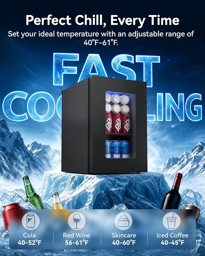 0.6 Cu.ft Beverage Cooler, Compressor Glass Door Mini Fridge 40-61°F Black | Freestanding for Office & Bedroom, Quiet Compressor, Low Energy Use, Holds Soda, Beer & Canned Drinks