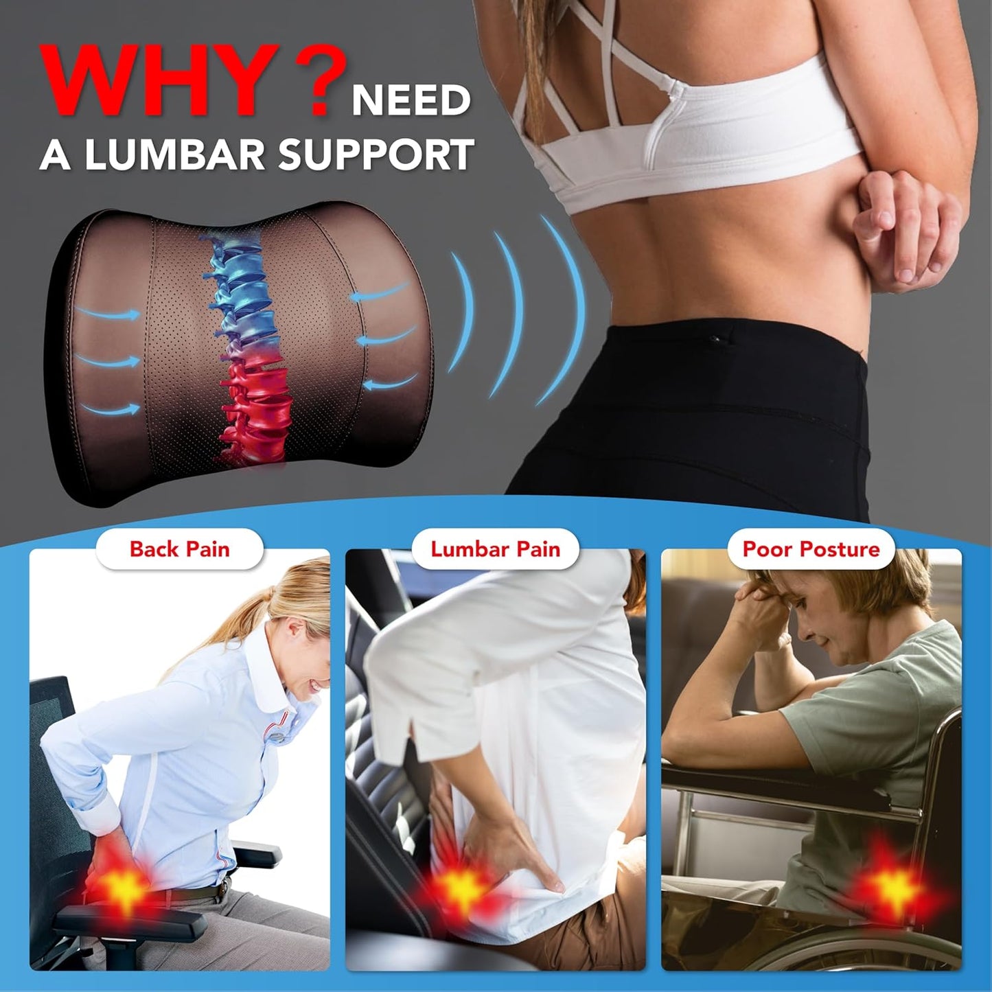 Lumbar Support Pillow for Car, Memory Foam Lumbar Pillow for Lower Back Pain Relief - Back Cushion for Driving, Chair Support for Car-Office Chair, Wheelchair - Classic Brown