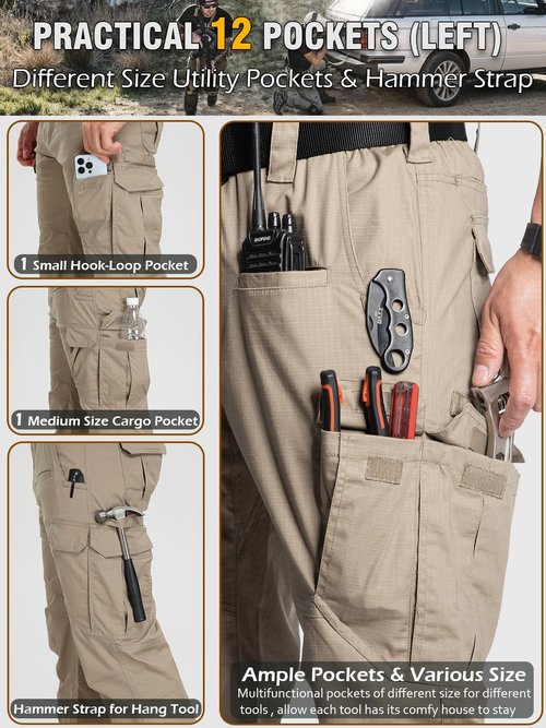 CARWORNIC Men's Stretch Work Pants Water-Resistant Flex Ripstop Tactical Cargo Pants Lightweight Cotton Carpenter Construction Utility Pants Regular Fit Outdoor Hiking Trousers with Tool Pockets
